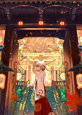 Anime Girl at Japanese Shrine Entrance
