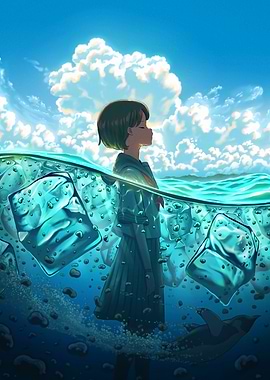 Girl in Water with Ice Cubes