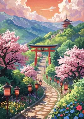 Japanese Landscape with Torii Gate