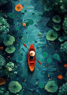 Person in Boat on Lily Pond