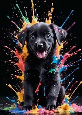 Black Puppy with Colorful Paint Splashes