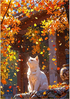 White Cat in Autumn Leaves