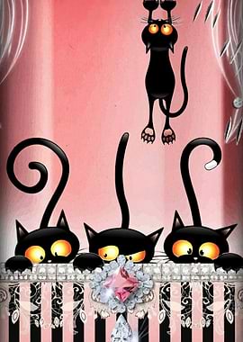 Cartoon Black Cats with Pink Background
