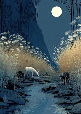 Deer Drinking Under Moonlight