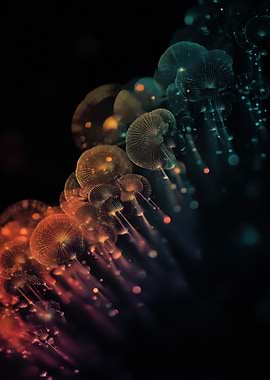 Abstract Glowing mushrooms on Black Background