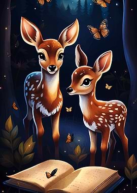 Two Deer with Book and Butterflies