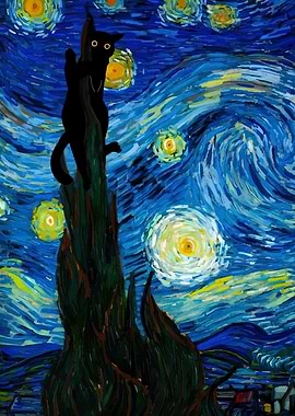 Black Cat in Starry Night Painting