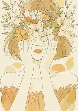 Minimalist Woman Flower Crown Portrait Line Art