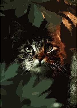 Cat Portrait in Green Foliage