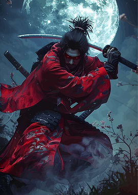 Red Samurai Warrior Under Moonlight