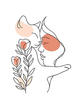 Minimalist Line Art: Woman, Cat, Flowers