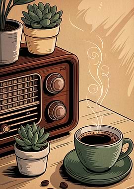 Coffee, Radio, and Succulents Still Life