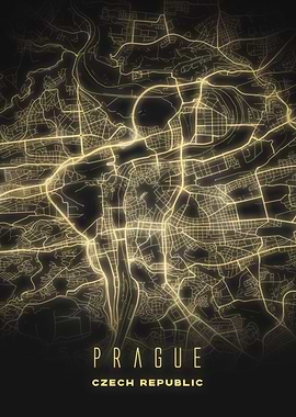 Night Glow Prague, Czech Republic - Street Map Poster, Vibrant Urban Wall Art