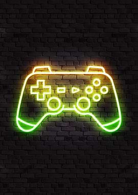 Neon Game Controller on Brick Wall. Gaming Poster