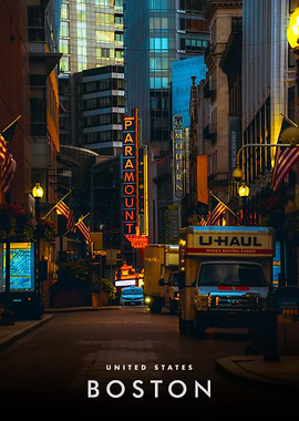 Boston street with Paramount sign