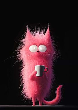 Pink Furry Creature with Coffee Cup