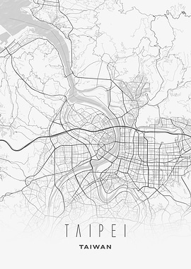 Taipei, Taiwan - Minimalist River City Map Poster, Modern Monochrome Urban Wall Art