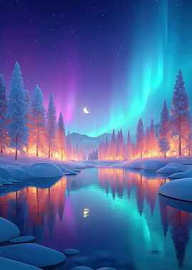Aurora Borealis Winter Landscape Reflection