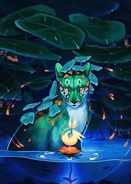 Mystical Green Jaguar in Lily Pond