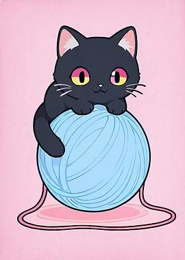 Cute Black Cat with Yarn Ball