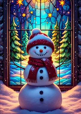 Festive Snowman by Stained Glass Window