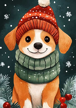 Winter Dog with Hat and Scarf