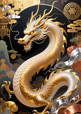 Golden Dragon with Asian-Inspired Background