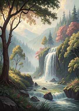Waterfall in a Lush Forest Landscape