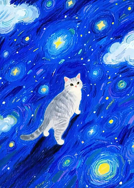 Cat in Starry Night Style