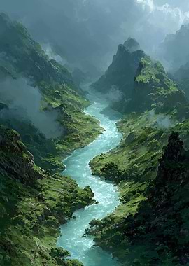 Lush Mountain River Valley Landscape
