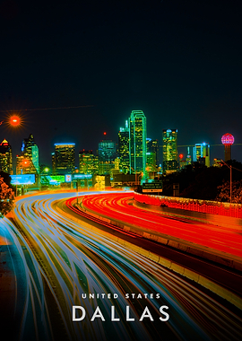 Dallas Skyline at Night with Light Trails