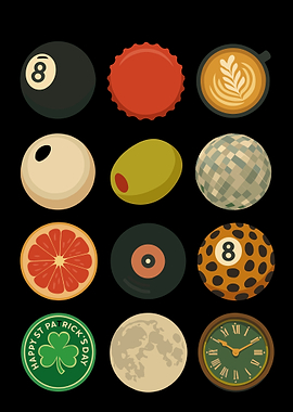 Twelve Round Icons on Black Background