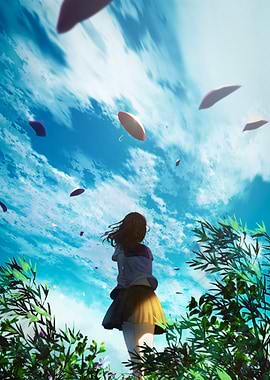 Anime Girl Gazing at Sky Umbrellas