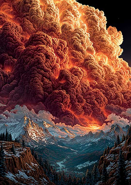 Volcanic Eruption Over Mountain Landscape