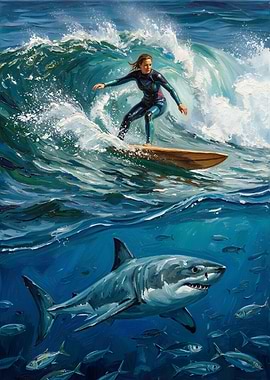 Surfer and Shark Oil Painting
