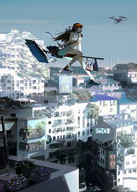 Girl flying over city with drone