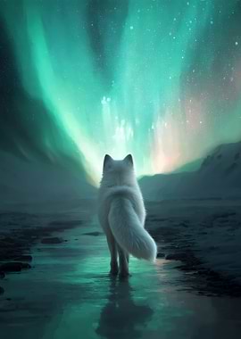 White Wolf Under Aurora Borealis