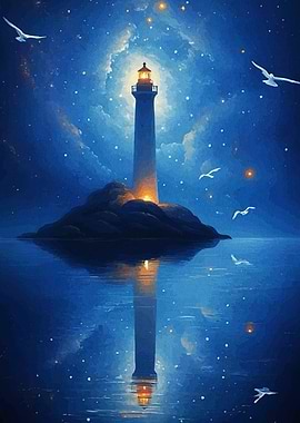 Lighthouse Night Seagulls