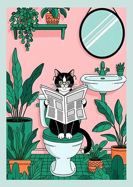 Cat reading newspaper on toilet