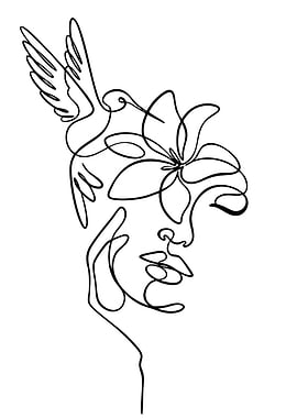 Woman, Bird, and Flower Line Art