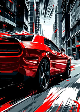Red Car Speeding Through Cityscape