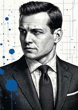 Harvey Specter Portrait with Blueprint Background