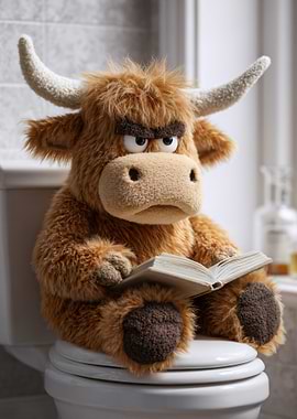 Grumpy Highland Cow Reading on Toilet