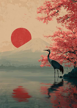 Japanese Crane with Cherry Blossoms