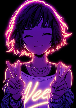 Neon Anime Girl Peace Sign