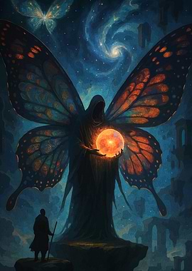 Butterfly-winged figure holding glowing orb