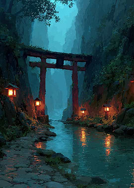 Japanese Torii Gate and River Landscape