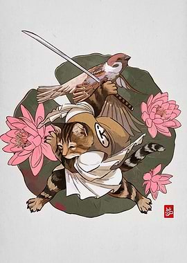Samurai Cat and Sparrow Illustration