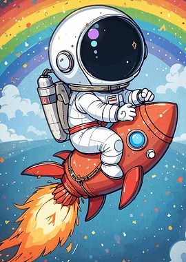 Astronaut Riding Rocket Rainbow