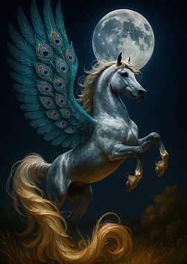 Pegasus with Peacock Wings under Moonlight